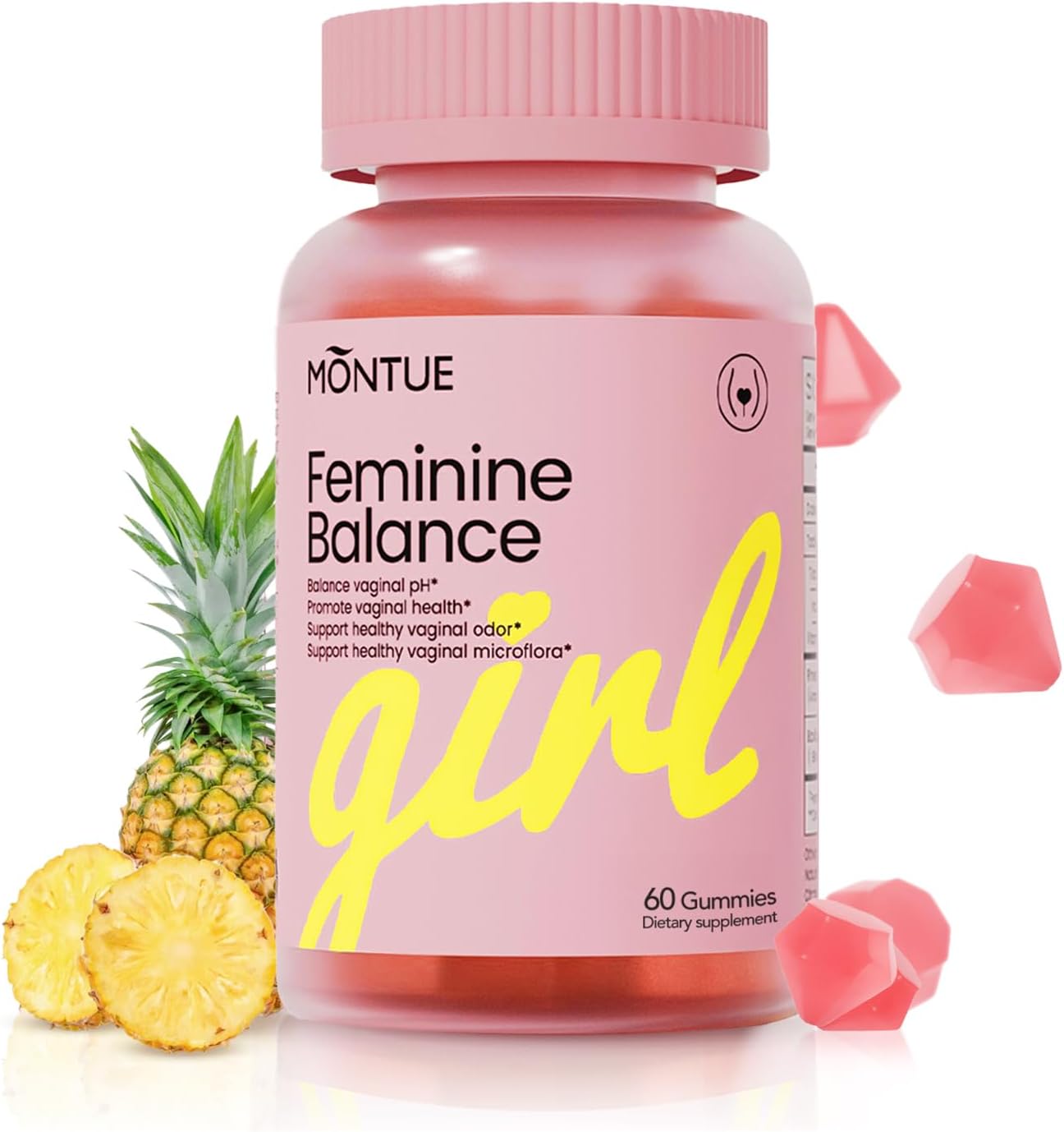 Montue Premium Diamond Feminine Balance Gummies-pH Balance with Prebiotics & Lactobacillus Probiotic Blend&Hawaiian Pineapple Immune Support,Vegan& Non-GMO