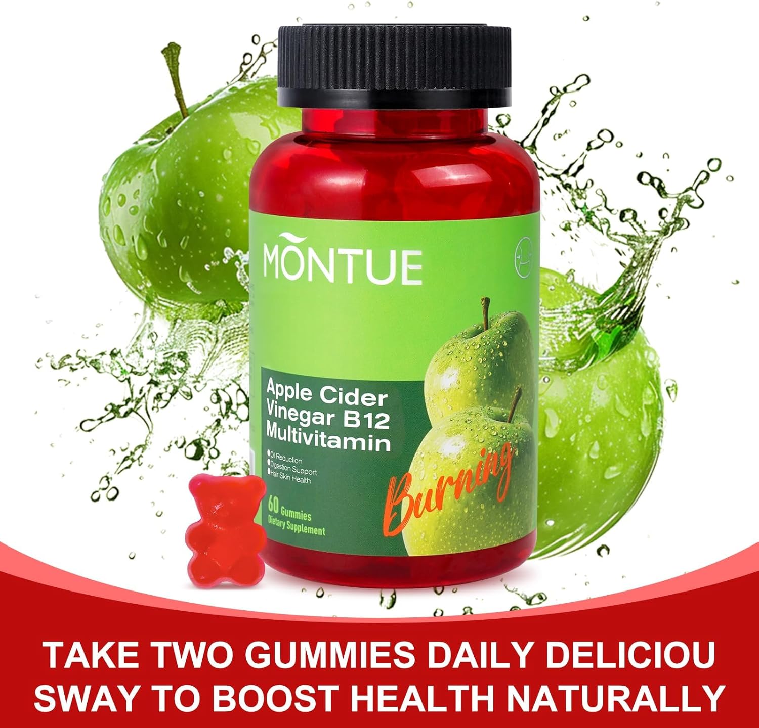 Montue Apple Cider Vinegar Gummies B12 Multivitamin,ACV Supplement Gummy Vitamins,Vegetarian Supplement for Women & Men,Non GMO,Support Normal Energy Levels & Gut Health