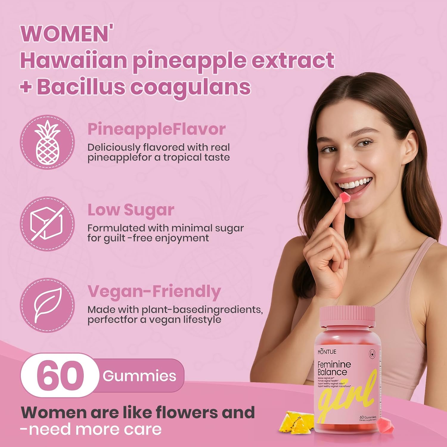 Montue Premium Diamond Feminine Balance Gummies-pH Balance with Prebiotics & Lactobacillus Probiotic Blend&Hawaiian Pineapple Immune Support,Vegan& Non-GMO