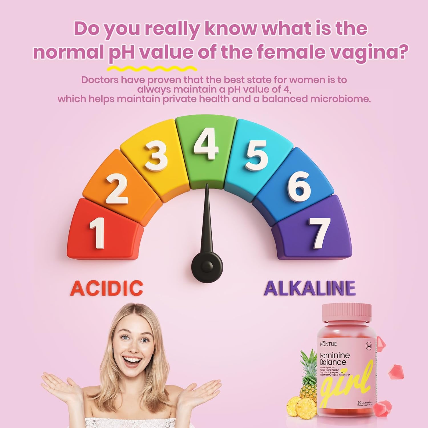 Montue Premium Diamond Feminine Balance Gummies-pH Balance with Prebiotics & Lactobacillus Probiotic Blend&Hawaiian Pineapple Immune Support,Vegan& Non-GMO